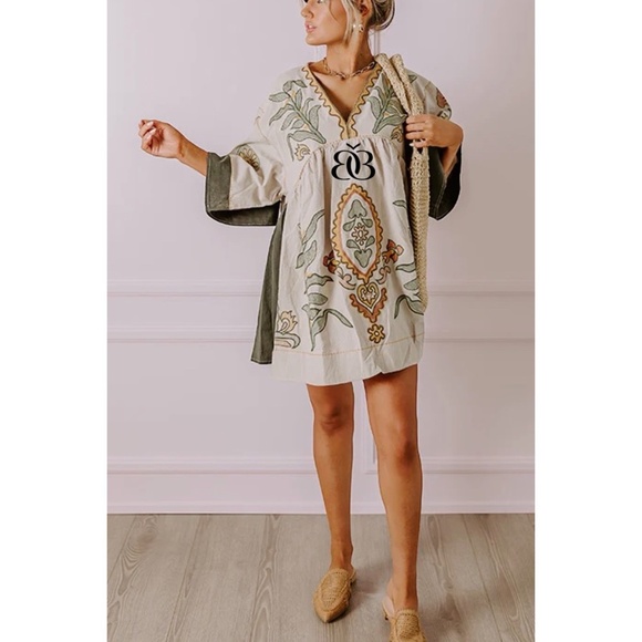 Beige & Green Boho Embroidered V Neck 3/4 Sleeve Babydoll Mini Dress - Picture 6 of 16